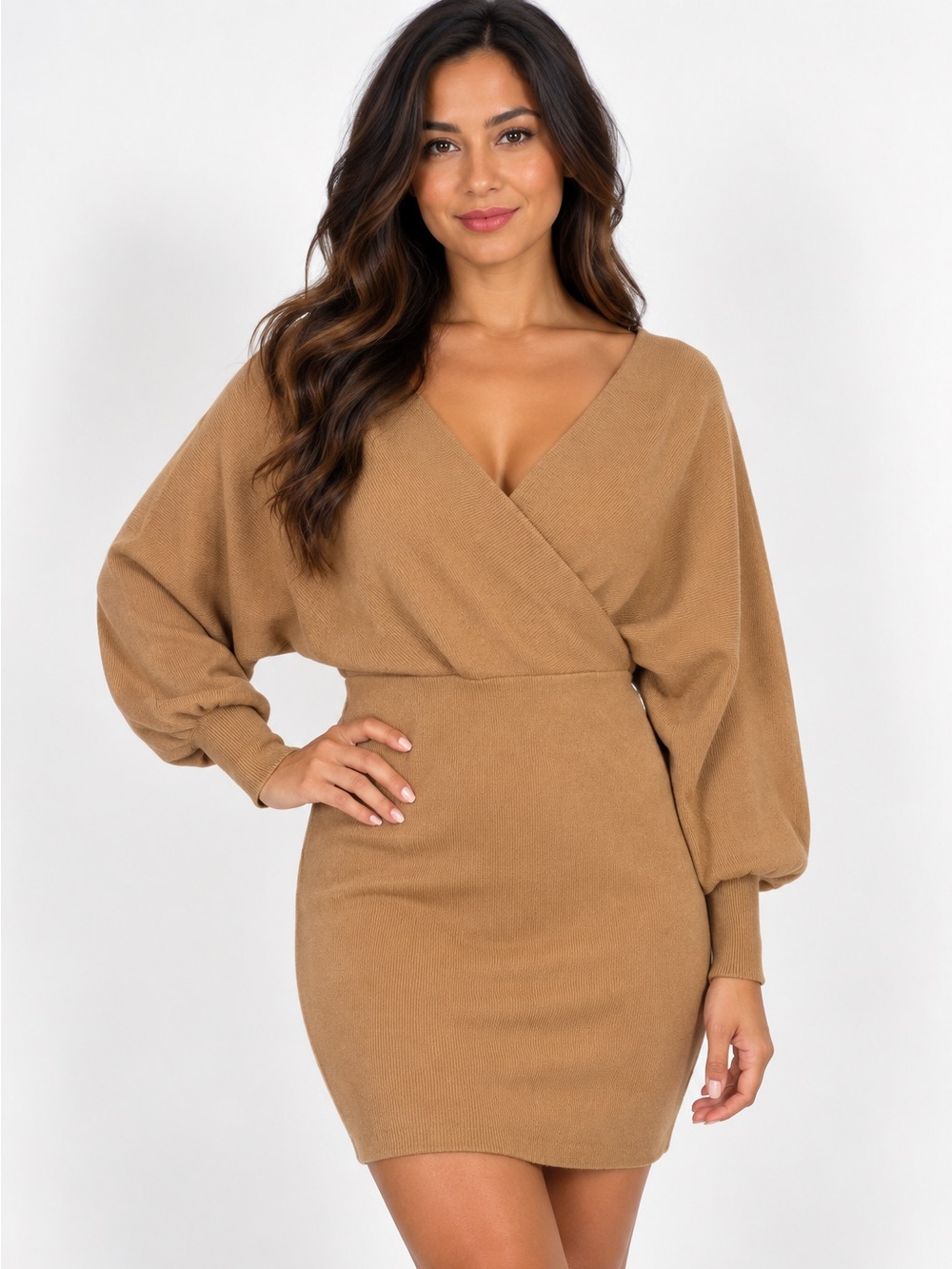 HYFVE Wrap-Front V-Neck Sweater Dress in Camel